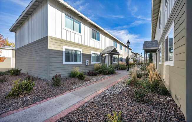 A row of houses with a gravel path in between.