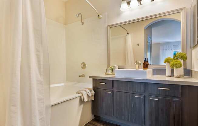 a bathroom with a tub and a sink and a mirror at Mirasol Apartments, Las Vegas