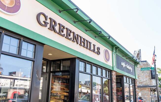 The exterior of a bakery named Green Hills.