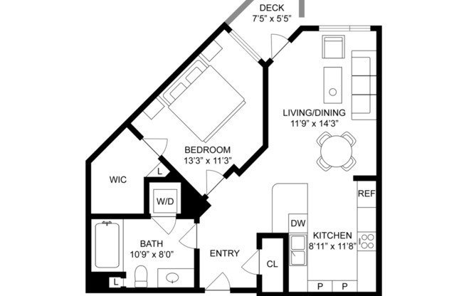 1 bed, 1 bath, 627 sqft, $3,444