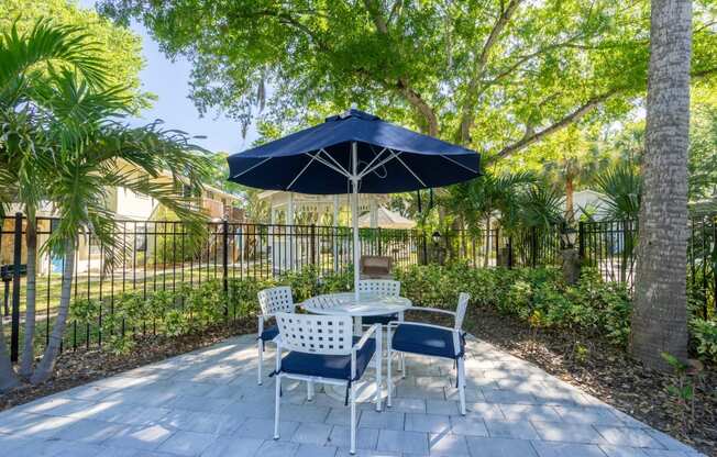 a patio with a table and chairs and an umbrella