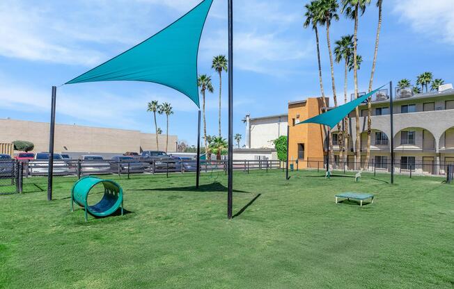 A sunny outdoor dog park featuring green artificial grass, two large shade sails, a tunnel for dogs to play in, and a raised platform. The park is surrounded by a black fence and palm trees, with nearby buildings visible in the background.