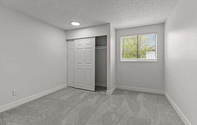 A room with a white door and a window with a view of trees outside.