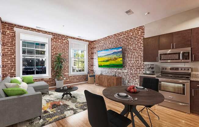 a living room with a couch and a table