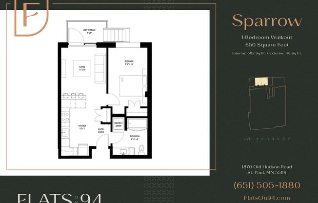 1 bed, 1 bath, 602 sqft, $1,585, Unit 105 - Sparrow