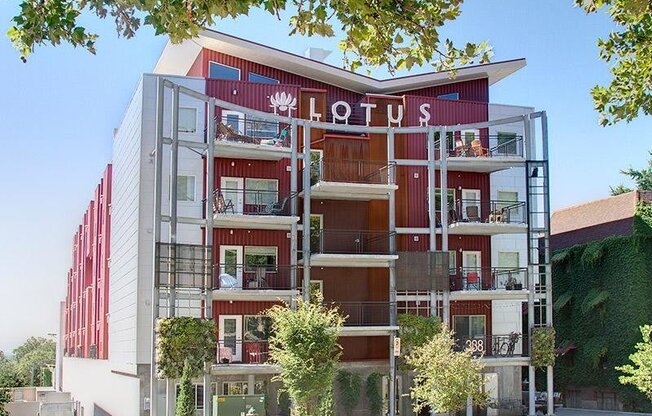 exterior photo of a red brick building at The Lotus Apartments in Downtown Salt Lake City, Utah