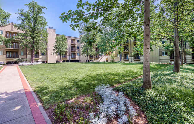 a green lawn with trees and a sidewalk in front of an apartment building