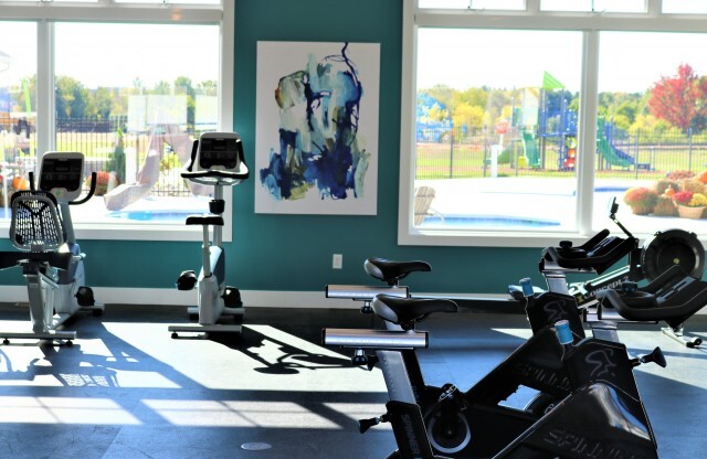 Cardio machines face our gorgeous swimming pool