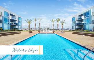A large swimming pool in front of a building with the name Waters Edge at Marina Harbor, California, 90292