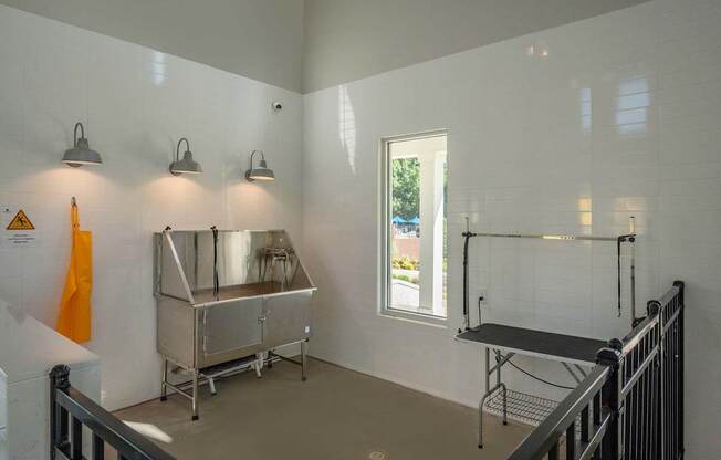 A kitchen area with a stainless steel sink and a window.