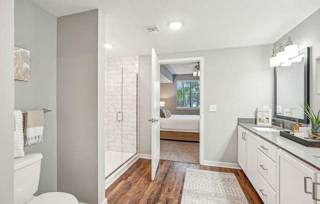 a bathroom with a shower and a sink and a mirror