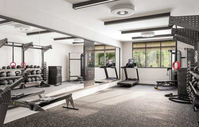 a workout room with weights machines and a window at Link Apartments® CYKEL Apartments, North Carolina, 28208