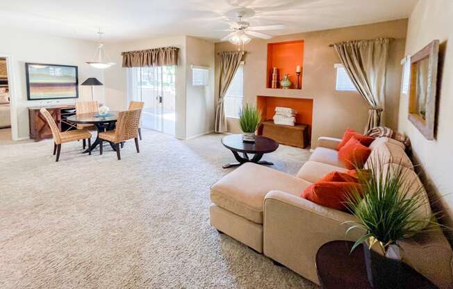 Spacious and bright living & dining rooms at Ventana Apartment Homes in Central Scottsdale, AZ, For Rent. Now leasing 1 and 2 bedroom apartments.