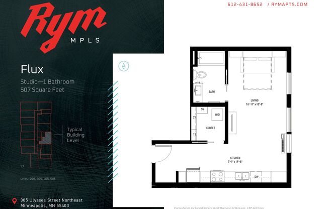 Studio, 1 bath, 507 sqft, $1,225, Unit 405
