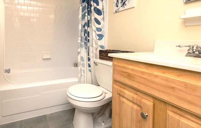 A white toilet sits next to a bathtub in a bathroom.