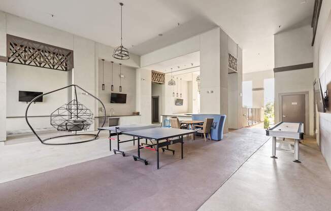A room with a ping pong table and a hanging chair.