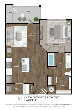 1 bed, 1 bath, 673 sqft, $1,142