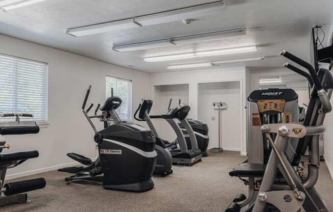 an exercise room with treadmills and other exercise equipment