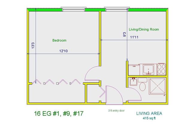 1 bed, 1 bath, 400 sqft, $1,080, Unit 17