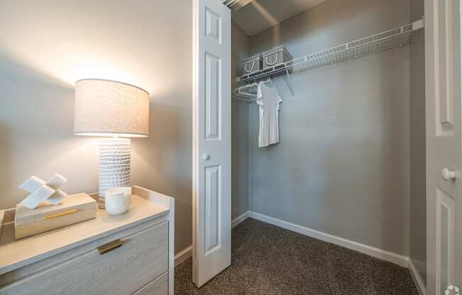 a walk in closet with a lamp and a white closet door