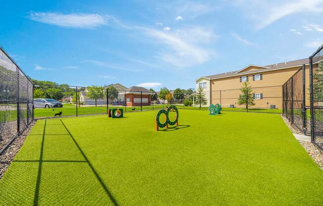 A dog park with a green surface and a fence.