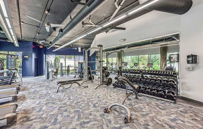 Well-equipped fitness center with cardio machines and weightlifting equipment at Allusion at West University apartments in Houston, TX