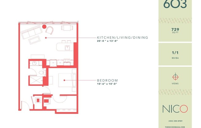 1 bed, 1 bath, 729 sqft, $1,330, Unit 603