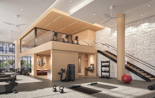 Club-quality fitness studio with spin bikes, TRX system, and yoga/pilates studio.