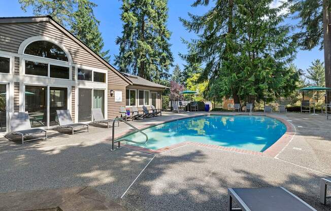A pool surrounded by trees and a building with a patio.