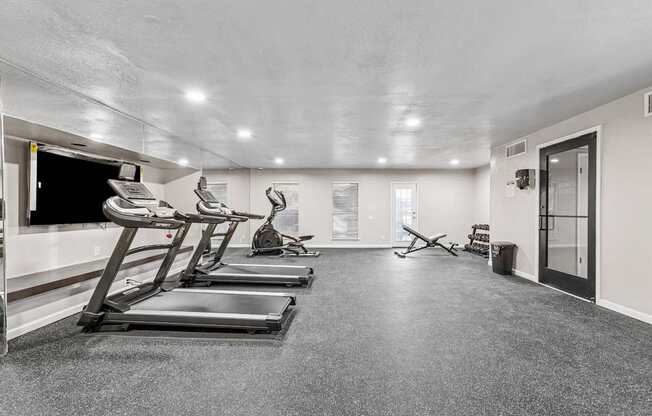 A spacious gym with treadmills and exercise equipment.