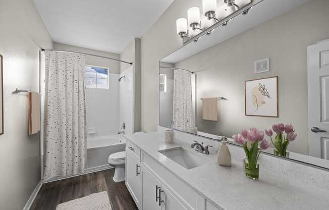 a white bathroom with a shower and a sink and a mirror