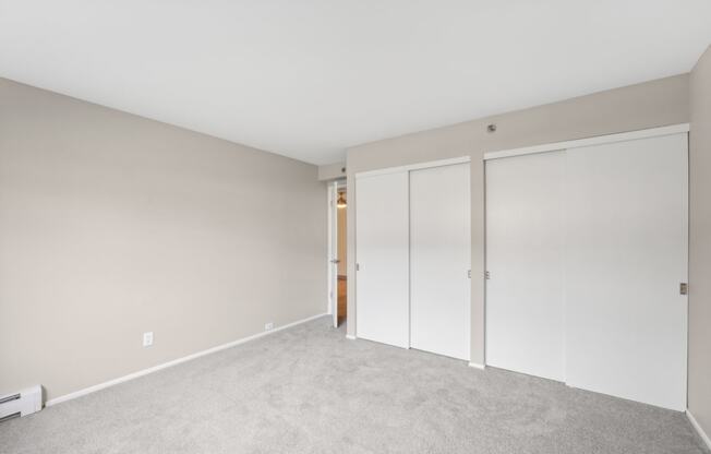 a bedroom with two closets and a carpeted floor