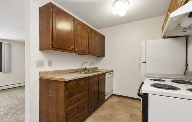 an empty kitchen with a stove refrigerator and sink. Fridley, MN Georgetown on the River Apartments