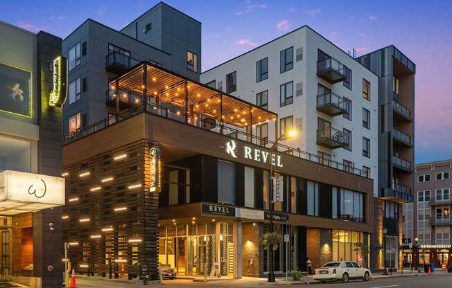 A modern building with the name "Revel" on it.