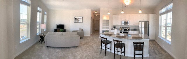 Open floor plan apartment with bistro bar seating