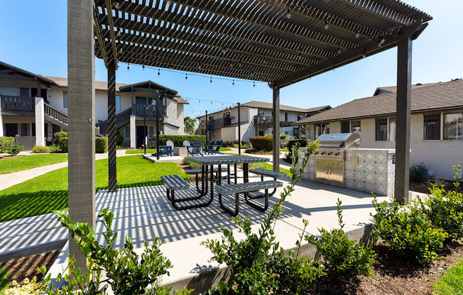 A patio with a table and chairs under a pergola.