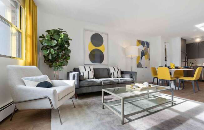 Sun-filled living room and dining nook