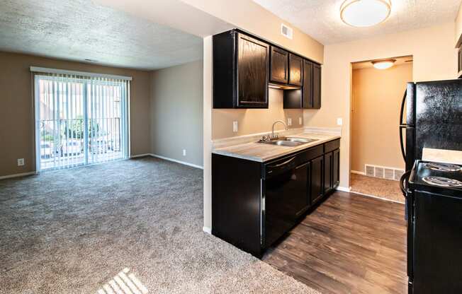 Remodeled kitchen and open floor plan at Maple View Apartments, Omaha, NE