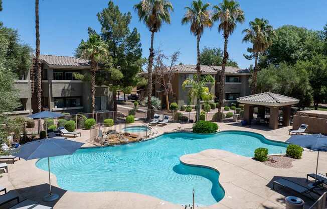 A swimming pool surrounded by palm trees and lounge chairs.