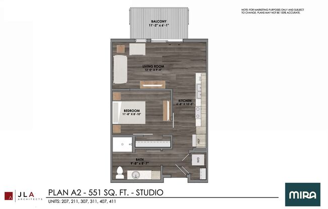 Studio, 1 bath, 551 sqft, $1,295, Unit #407