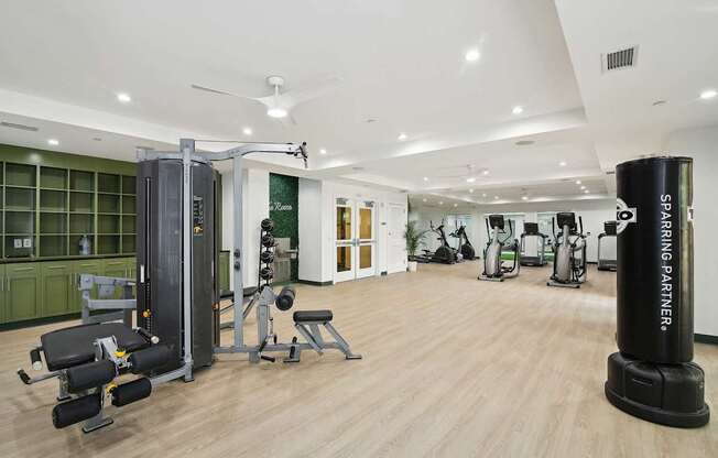 A gym with a variety of equipment including a squat rack, a leg press machine, and a bench press.