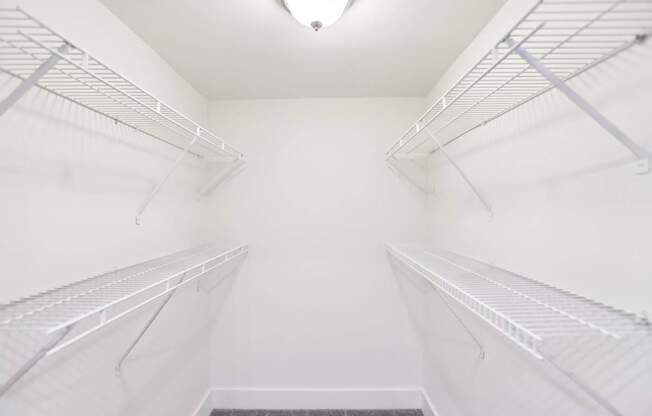 Spacious walk-in closet with shelves.
