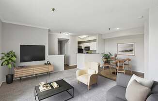 A gray living room with a comfortable sofa and TV at Jefferson Creek Apartments in Irving, TX