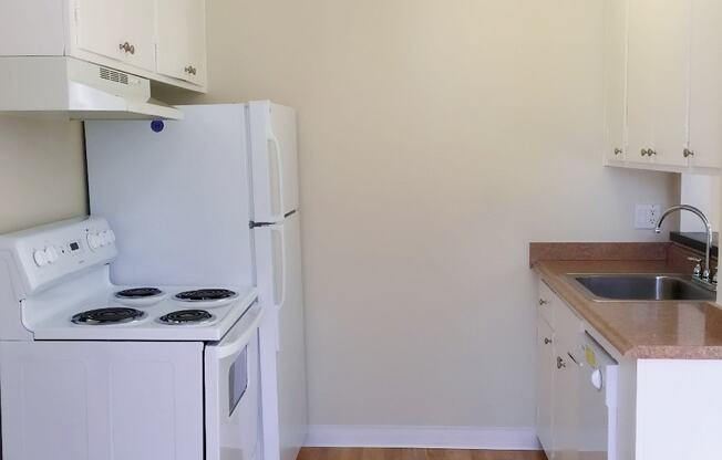 an empty kitchen with a stove refrigerator and sink