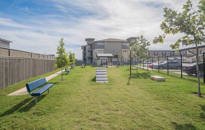 A park with a bench and a tree in the foreground with apartment buildings in the background.