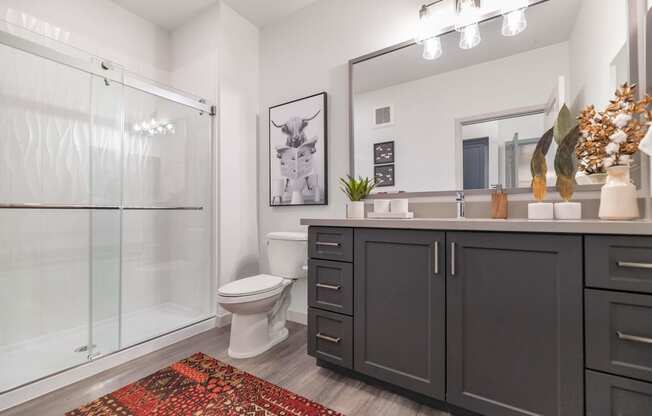 a bathroom with a shower and a toilet and a sink at Weylyn Luxury Apartments, Laveen, 85339
