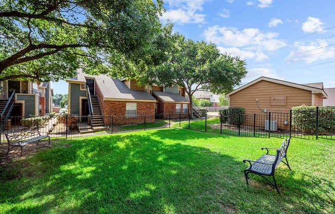 A backyard with a bench and a tree.