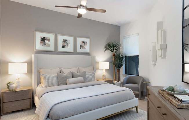 A bedroom with a large bed, a ceiling fan, and a nightstand with a lamp.