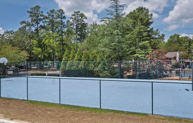 a fenced in basketball court and trees