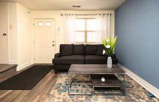 A living room with a grey couch, a coffee table, and a rug.